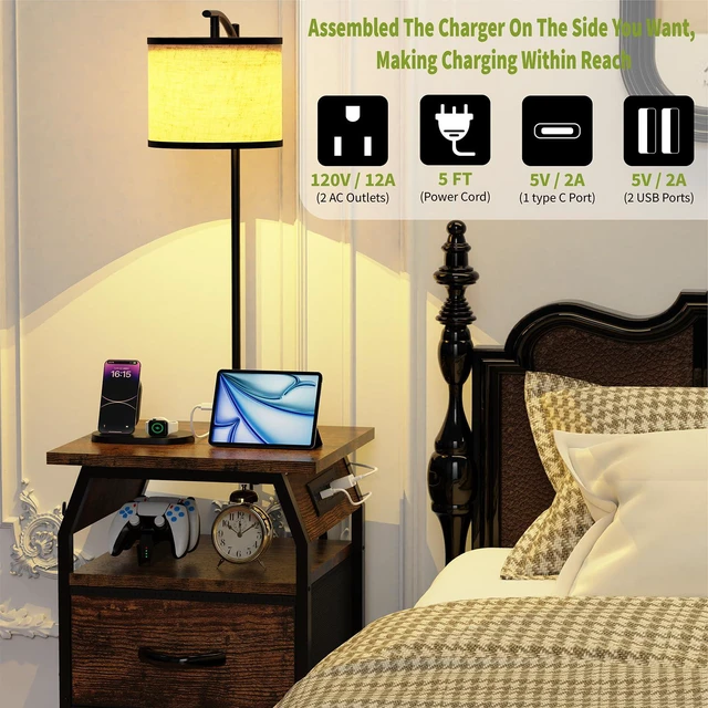 Alt view image 5 of 7 - Floor Lamp with Table, End Table with Light and Charging, Rustic 3-Color Temperature Bulb, Type-C USB Port & Power Outlets, Fabric Drawers, Lamp Table Combo for Living Room Bedroom Dorm