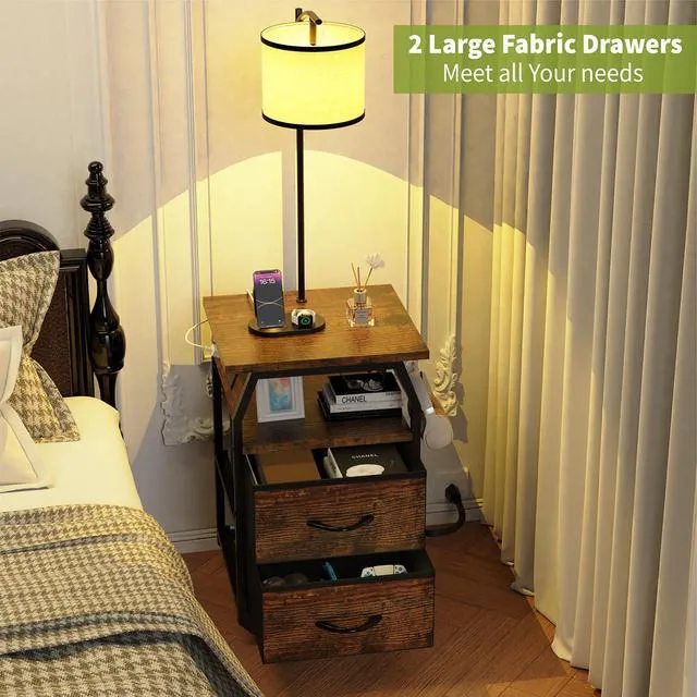 Alt view image 6 of 7 - Floor Lamp with Table, End Table with Light and Charging, Rustic 3-Color Temperature Bulb, Type-C USB Port & Power Outlets, Fabric Drawers, Lamp Table Combo for Living Room Bedroom Dorm