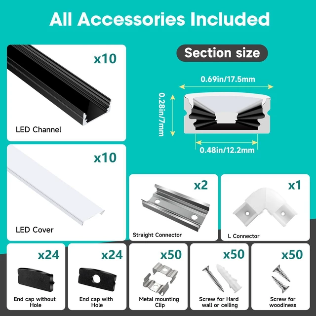 Alt view image 2 of 7 - 10-Pack 6.6ft/2Meter U Shape Black LED Aluminum Channel System with Milky Cover, End Caps and Mounting Clips, Aluminum Channel Profile for LED Strip Light Diffuser Installations (10pack*6.6ft)