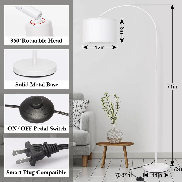 Alt view image 2 of 6 - Arc Floor Lamp, White Standing Light with Adjustable Head and Pedal Switch Modern Over Couch Arched Reading Light, Tall Pole Lamp for Study Bedroom Living room Office