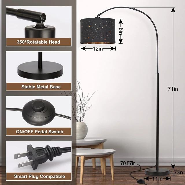 Alt view image 2 of 6 - Modern Arc Floor Lamp, Tall Pole Lamp with Black Stars Lampshade Arched Reading Light with Adjustable Lamp Head and Pedal Switch, Over Couch Hanging Light for Living Room, Bedroom, Office