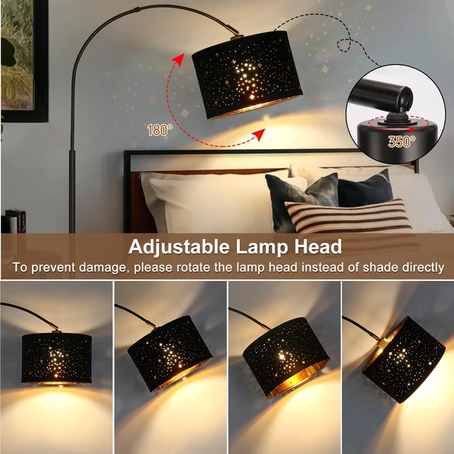 Alt view image 3 of 6 - Modern Arc Floor Lamp, Tall Pole Lamp with Black Stars Lampshade Arched Reading Light with Adjustable Lamp Head and Pedal Switch, Over Couch Hanging Light for Living Room, Bedroom, Office