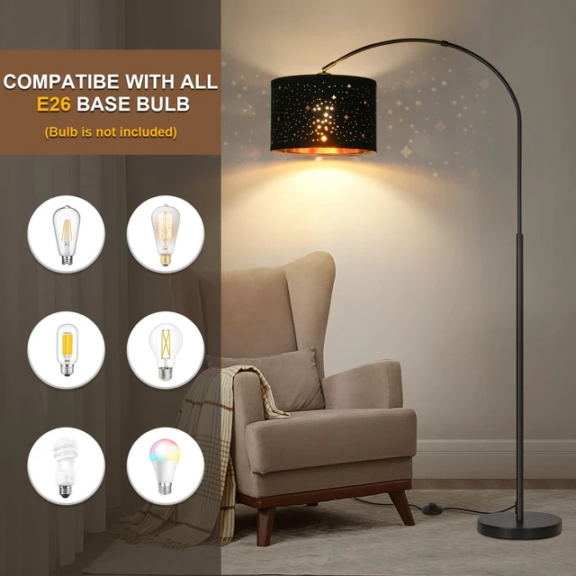 Alt view image 4 of 6 - Modern Arc Floor Lamp, Tall Pole Lamp with Black Stars Lampshade Arched Reading Light with Adjustable Lamp Head and Pedal Switch, Over Couch Hanging Light for Living Room, Bedroom, Office