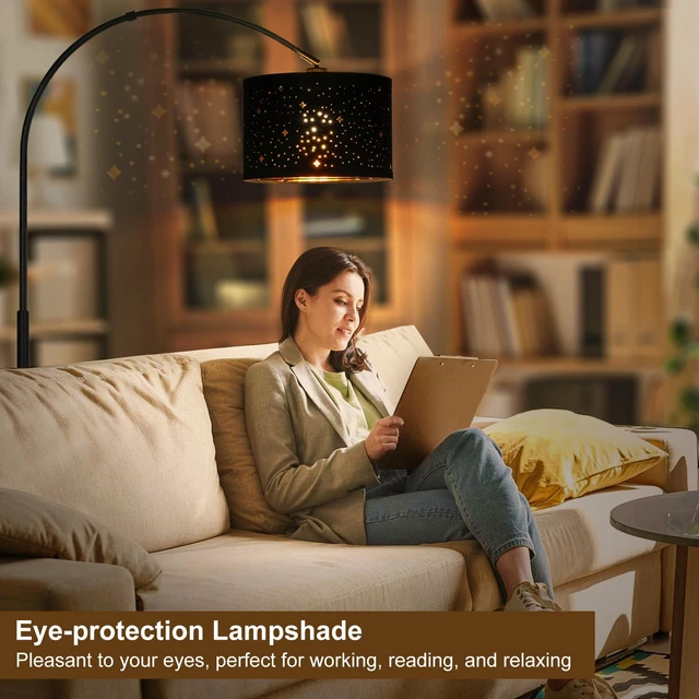 Alt view image 5 of 6 - Modern Arc Floor Lamp, Tall Pole Lamp with Black Stars Lampshade Arched Reading Light with Adjustable Lamp Head and Pedal Switch, Over Couch Hanging Light for Living Room, Bedroom, Office