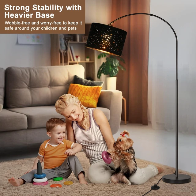 Alt view image 6 of 6 - Modern Arc Floor Lamp, Tall Pole Lamp with Black Stars Lampshade Arched Reading Light with Adjustable Lamp Head and Pedal Switch, Over Couch Hanging Light for Living Room, Bedroom, Office