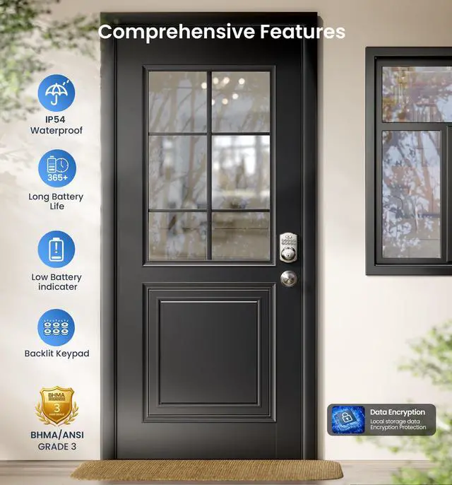 Alt view image 5 of 7 - KS02C Fingerprint Deadbolt Door Lock with Knob Set, Satin Nickel Auto Lock, Electronic Backlit Keypad, BHMA/ANSI Grade 3, Anti-Peep Code, Low Battery Alert, Keyless Entry for Front Door