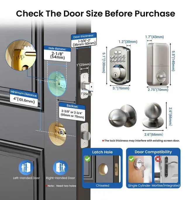 Alt view image 6 of 7 - KS02C Fingerprint Deadbolt Door Lock with Knob Set, Satin Nickel Auto Lock, Electronic Backlit Keypad, BHMA/ANSI Grade 3, Anti-Peep Code, Low Battery Alert, Keyless Entry for Front Door