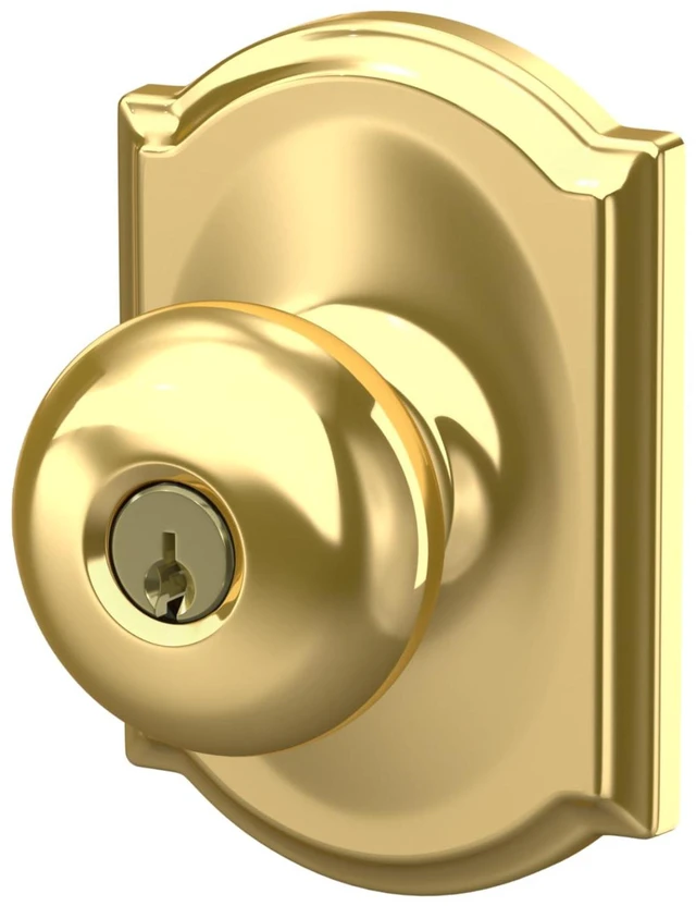 Alt view image 3 of 7 - Plymouth Keyed Entry Door Knob, Interior/Exterior, Bright Brass Keyed entry door knob with turn-button lock, Easy to install, Certified security & durability, Universal fit, 2 keys