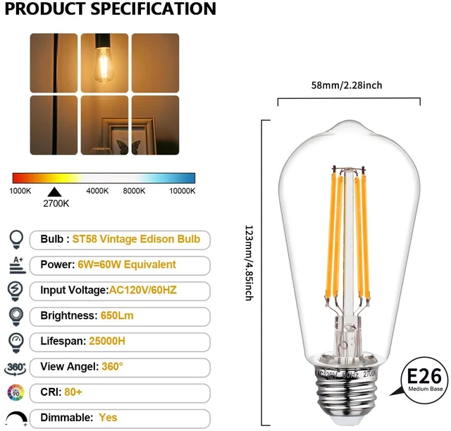 Alt view image 2 of 7 - ST58/ST19 Vintage LED Edison Bulbs, 6W Equivalent 60W Filament Light Bulbs, Dimmable 700LM, E26 Base LED Bulbs, Clear Plastic (2700K, 24 Pack)