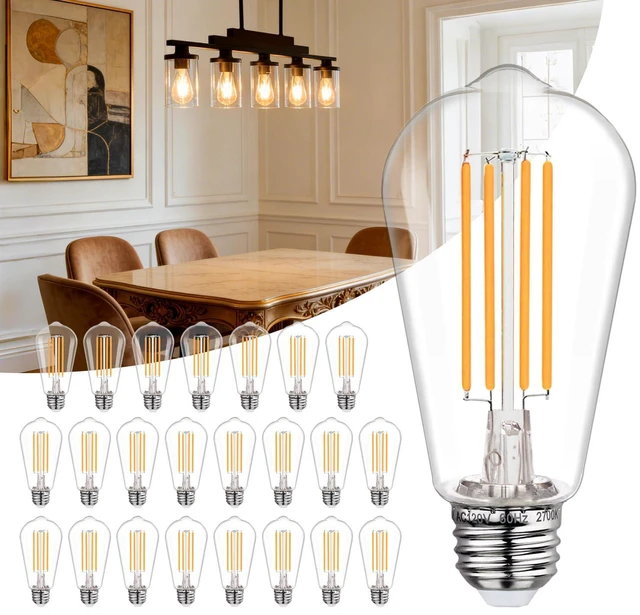 Main image of ST58/ST19 Vintage LED Edison Bulbs, 6W Equivalent 60W Filament Light Bulbs, Dimmable 700LM, E26 Base LED Bulbs, Clear Plastic (2700K, 24 Pack)