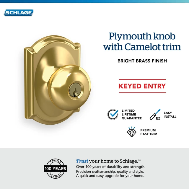 Alt view image 4 of 7 - Plymouth Keyed Entry Door Knob, Interior/Exterior, Bright Brass Keyed entry door knob with turn-button lock, Easy to install, Certified security & durability, Universal fit, 2 keys