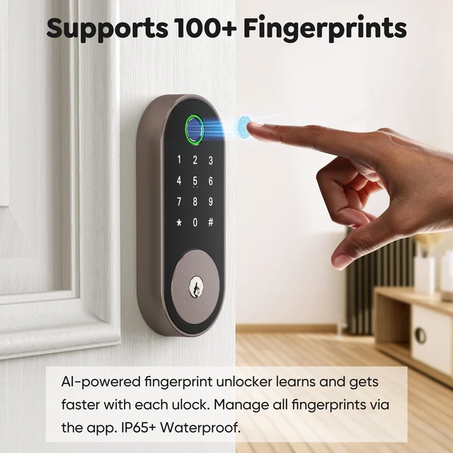 Alt view image 2 of 7 - Fingerprint Smart Deadbolt with Keypad Keyless Entry Lock for Home, Apartment, Office, Airbnb, Rental, Kids & Seniors, App & Code Access, Auto-Lock, Easy DIY Install, Compatible with Alexa & Google