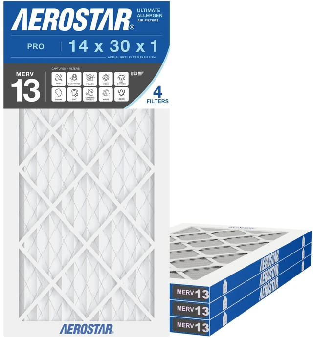 Main image of Air Filter 14x30x1 MERV 13 AC Filter, HVAC, Furnace Filter, 4 Pack ACTUAL SIZE (13.50 x 29.50 x 0.75) AC Filter, Furnace Filter, Allergies, Dust, Pet Dander & Smoke MERV 13 (MPR 1500 / FPR 10)