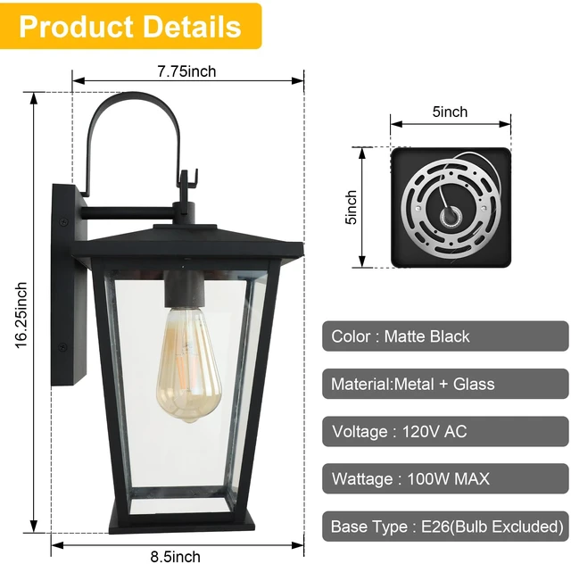 Alt view image 5 of 7 - Outdoor Wall Lights Fixtures Lantern Frame 16 1/8", Outside Lights Black Transitional Durable Metal, Clear Glass for Post Exterior Barn Deck House Porch Yard Patio Garage Garden