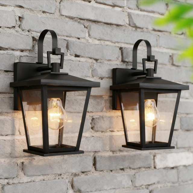 Main image of Outdoor Wall Lantern 2 Pack, Waterproof Exterior Wall Mount Light with Clear Glass in Black Finish, Porch Outside Lighting for Entryway, Backyard, Patio, E26 Base, Clear Glass 12.5 in