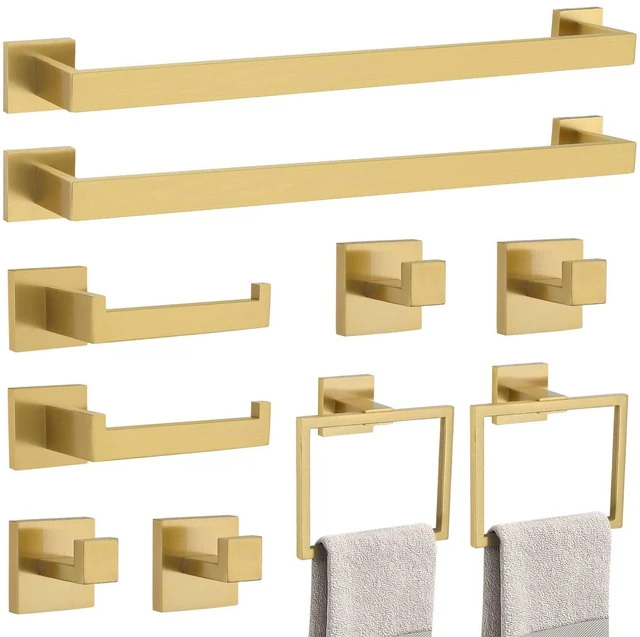 Main image of 10-Piece Bathroom Hardware Accessories Set-Brushed Gold Towel Bar, Holder & Racks-SUS304 Stainless Steel-Wall Mounted,23.6-Inch