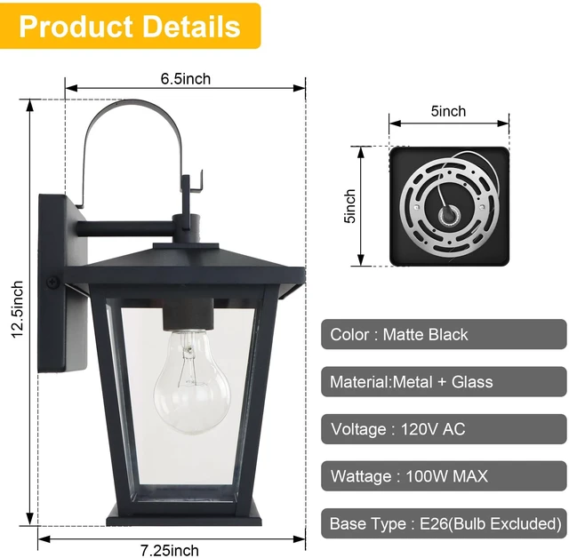 Alt view image 4 of 7 - Outdoor Light Fixtures Wall Mount, Waterproof Exterior Wall Lanterns with Glass, Matte Black, Outside Wall Sconces, Front Porch Lighting for House Garage Doorway Patio 12.5 in