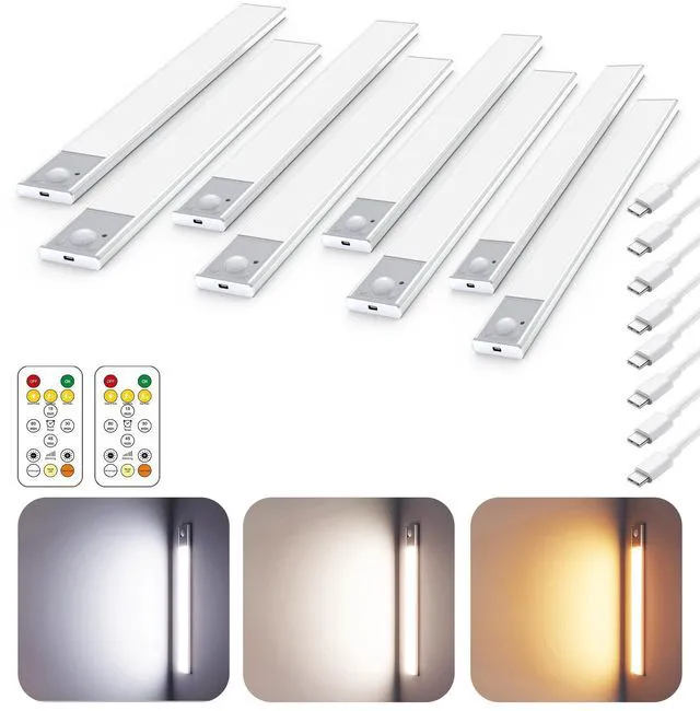 Main image of 12" Under Cabinet Lighting Wireless, Remote, Motion Sensor, 8Pack, Silver 0.33" Ultra-thin Aluminum Alloy Body, USB-C Rechargeable, 3-Color-Temp, Dimming, Magnetic, 30Day Runtime for Kitchen Closet