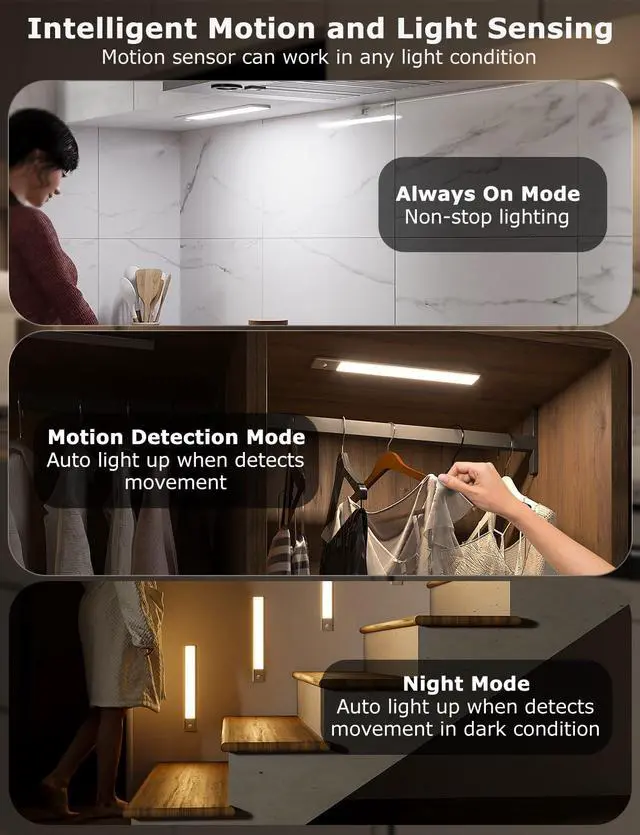 Alt view image 3 of 7 - 12" Under Cabinet Lighting Wireless, Remote, Motion Sensor, 8Pack, Silver 0.33" Ultra-thin Aluminum Alloy Body, USB-C Rechargeable, 3-Color-Temp, Dimming, Magnetic, 30Day Runtime for Kitchen Closet