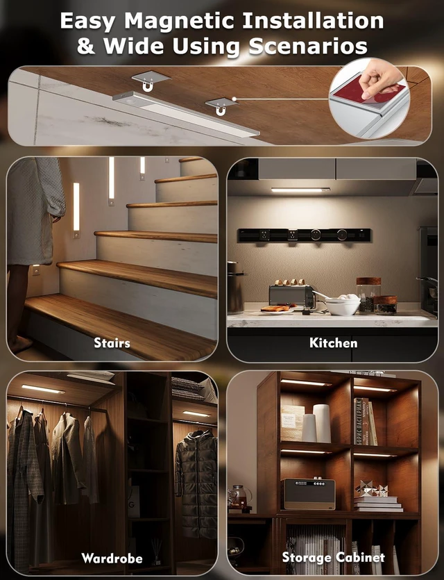 Alt view image 5 of 7 - 12" Under Cabinet Lighting Wireless, Remote, Motion Sensor, 8Pack, Silver 0.33" Ultra-thin Aluminum Alloy Body, USB-C Rechargeable, 3-Color-Temp, Dimming, Magnetic, 30Day Runtime for Kitchen Closet
