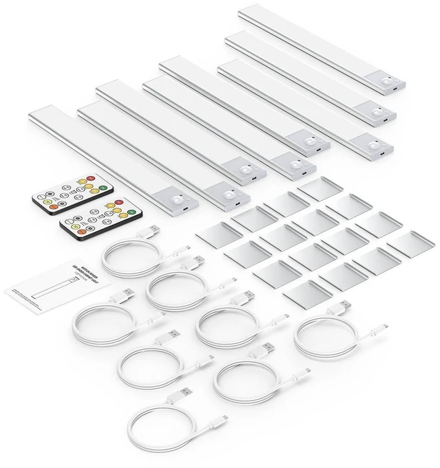 Alt view image 6 of 7 - 12" Under Cabinet Lighting Wireless, Remote, Motion Sensor, 8Pack, Silver 0.33" Ultra-thin Aluminum Alloy Body, USB-C Rechargeable, 3-Color-Temp, Dimming, Magnetic, 30Day Runtime for Kitchen Closet