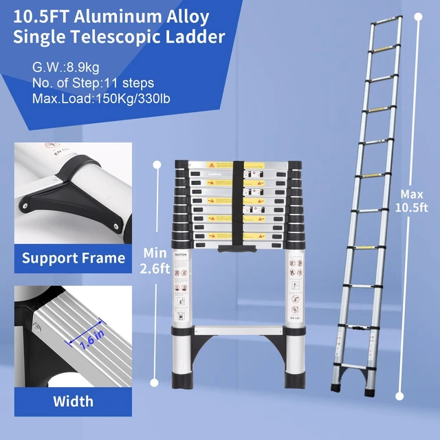 Alt view image 2 of 7 - Telescoping Ladder, 10.5 FT, Rectangular, Heavy Duty, Silver 330 LBS Capacity; suitable for outdoor work, RV, attic and home maintenance