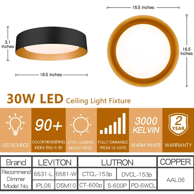 Alt view image 3 of 7 - 16.5-Inch Flush Mount Ceiling Light,Matte Black with Gold Interior 30W LED dimmable ceiling light with warm 3000K lighting for bedroom, hallway and foyer spaces