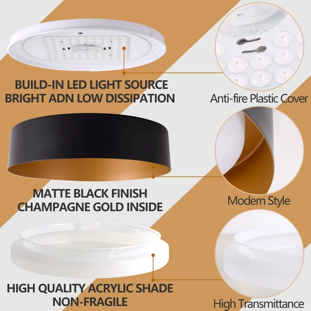 Alt view image 4 of 7 - 16.5-Inch Flush Mount Ceiling Light,Matte Black with Gold Interior 30W LED dimmable ceiling light with warm 3000K lighting for bedroom, hallway and foyer spaces
