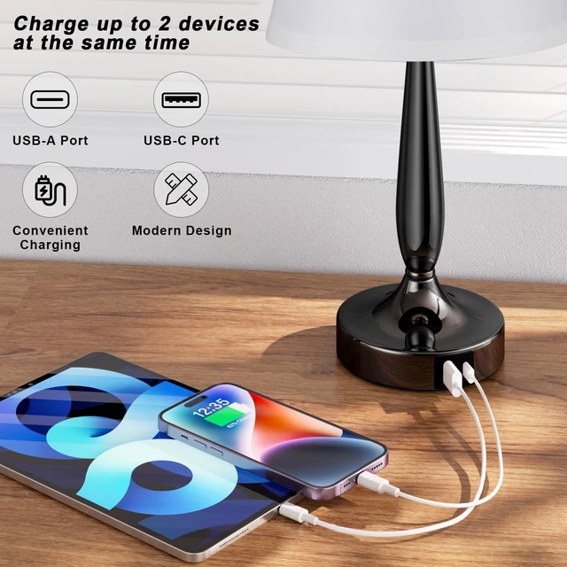Alt view image 4 of 7 - Touch Bedside Lamps for Bedroom Set, Small Touch Table Lamps with 2 USB Charging Ports, 3 Way Dimmable Nightstand Lamps with USB C Port - White (LED Bulb Included)