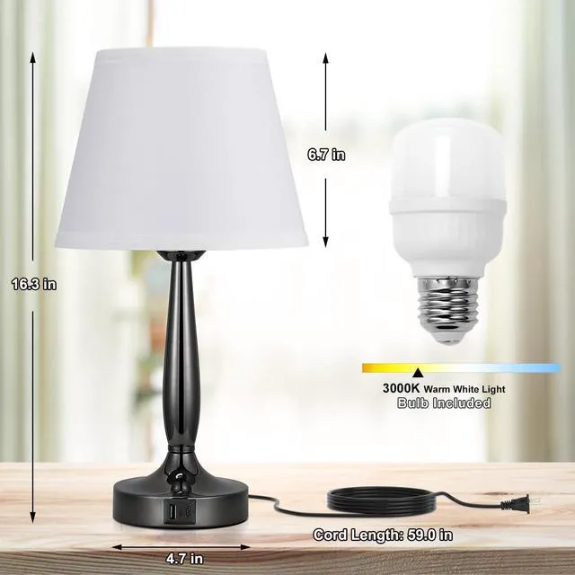Alt view image 3 of 7 - Touch Bedside Lamps for Bedroom Set, Small Touch Table Lamps with 2 USB Charging Ports, 3 Way Dimmable Nightstand Lamps with USB C Port - White (LED Bulb Included)