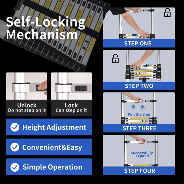 Alt view image 5 of 7 - Telescoping Ladder, 10.5 FT, Rectangular, Heavy Duty, Silver 330 LBS Capacity; suitable for outdoor work, RV, attic and home maintenance