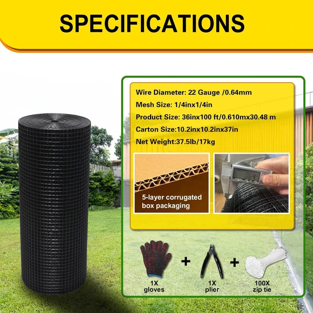Alt view image 2 of 7 - Black Hardware Cloth 1/4inx36inx100ft, Chicken Wire Fencing, 22Gauge, Vinyl PVC Coated Mesh, Welded Wire mesh, Perfect for Gopher Wire, Rodent Mesh, Tree Guard, Chicken Coop, with Tools