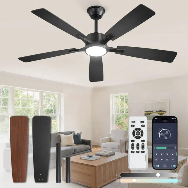 Main image of 52 Inch Ceiling Fans with Lights, Black, Remote & APP Control Stepless CCT & Dimmable, 20W LED, 6-Speed, Timer, Reversible Quiet DC Motor, Quick Setup, for Bedroom, Living Room, Apartment