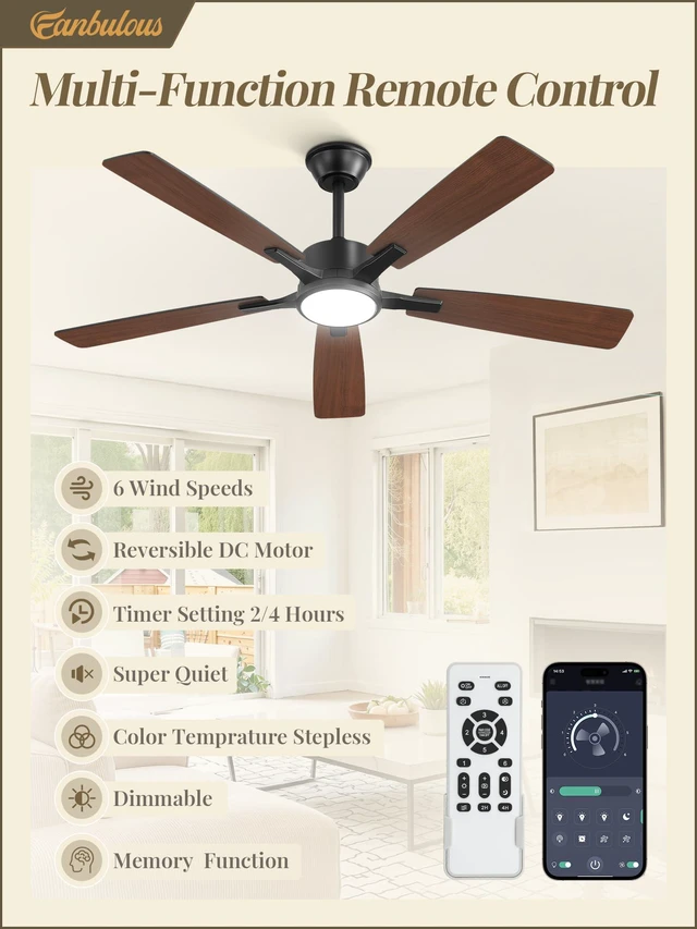 Alt view image 2 of 7 - 52 Inch Ceiling Fans with Lights, Black, Remote & APP Control Stepless CCT & Dimmable, 20W LED, 6-Speed, Timer, Reversible Quiet DC Motor, Quick Setup, for Bedroom, Living Room, Apartment