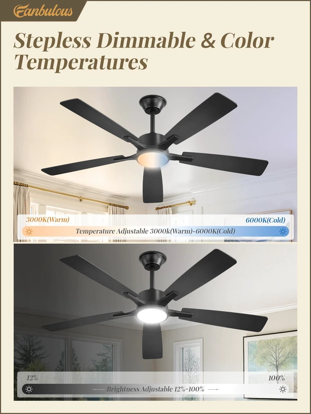 Alt view image 3 of 7 - 52 Inch Ceiling Fans with Lights, Black, Remote & APP Control Stepless CCT & Dimmable, 20W LED, 6-Speed, Timer, Reversible Quiet DC Motor, Quick Setup, for Bedroom, Living Room, Apartment
