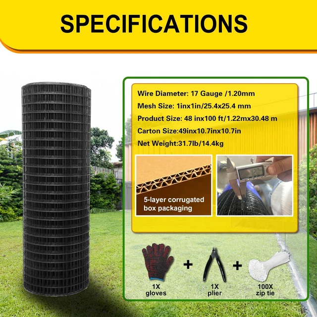 Alt view image 2 of 7 - Black Hardware Cloth 1inx48inx100ft, Chicken Wire Fencing, 17 Gauge, Vinyl PVC Coated Mesh, Welded Wire mesh, Perfect for Gopher Wire, Rodent Mesh, Tree Guard, Chicken Coop, with Tools