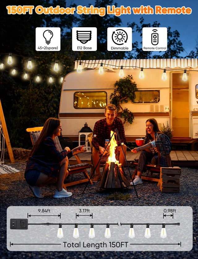 Alt view image 5 of 7 - LED Outdoor String Lights, 150FT Dimmable Patio Lights with Remote Control, 45+2 Shatterproof ST38 Edison Bulbs, 3 Lighting Modes, 3H/5H Timer, Outdoor Hanging Light for Holiday, Party