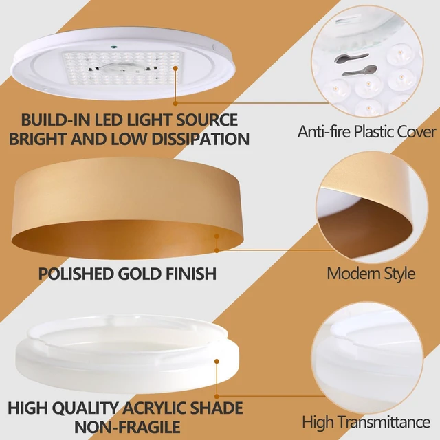 Alt view image 4 of 7 - 16.5" Gold Flush Mount Ceiling Light, LED Ceiling Fixture 30W dimmable LED light with 3000K warm glow, ideal for living rooms, bedrooms, hallways and foyers