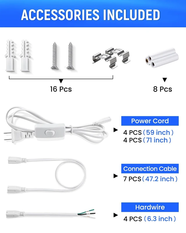 Alt view image 7 of 7 - T5 LED Shop Lights 4FT, 20W 2300lm 6500K, Cabinet and Garage Light 8 Pack 4FT T5 LED Integrated Fixture; Linkable Strip Light with On/Off Switch for Garage Ceiling, Cabinet, Workshop, Basement