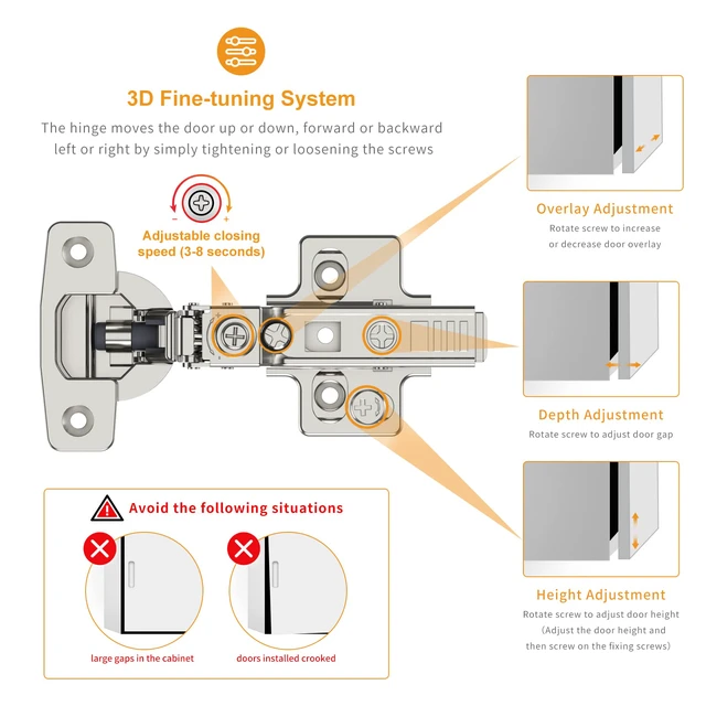 Alt view image 3 of 7 - 20 Pack Frameless Half Overlay Soft Close Concealed European Hinges, Self Closing Satin Nickel, 105 ° Open Angle 4D Adjustment, Speed Control, Clip On, Stainless Steel for Cabinet Door