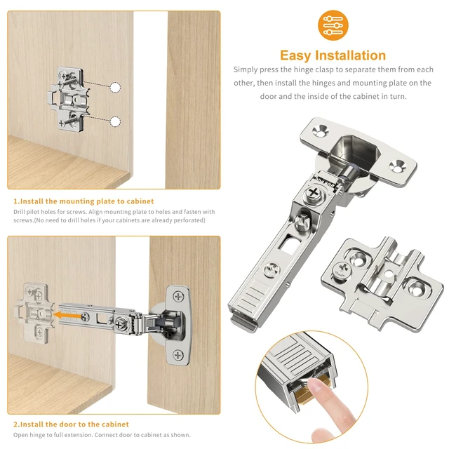 Alt view image 5 of 7 - 20 Pack Frameless Half Overlay Soft Close Concealed European Hinges, Self Closing Satin Nickel, 105 ° Open Angle 4D Adjustment, Speed Control, Clip On, Stainless Steel for Cabinet Door