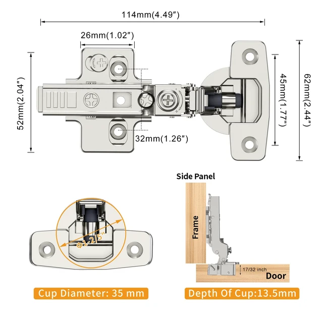 Alt view image 6 of 7 - 20 Pack Frameless Half Overlay Soft Close Concealed European Hinges, Self Closing Satin Nickel, 105 ° Open Angle 4D Adjustment, Speed Control, Clip On, Stainless Steel for Cabinet Door