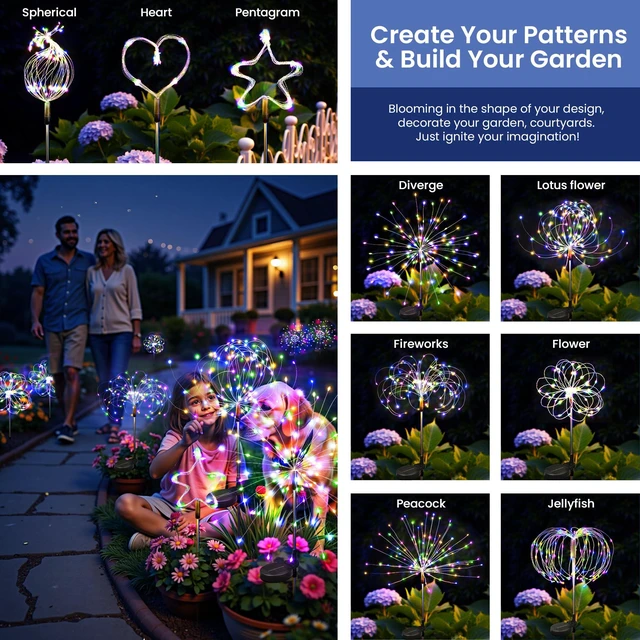 Alt view image 6 of 7 - 8Pack Solar Lights Outdoor, Multicolor Firework Lights 120LED Fireworks Lights Solar Powered, Waterproof Fairy Garden Lights Decor Outside for Yard Pathway Lawn Patio