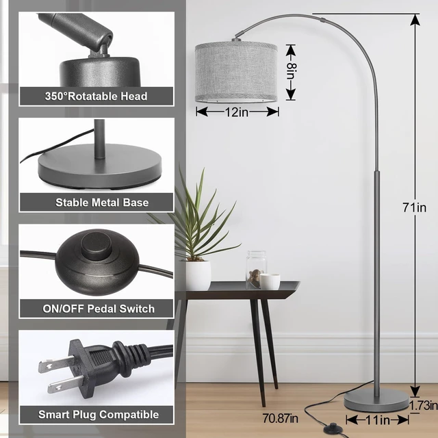 Alt view image 2 of 6 - Modern Floor Lamp, Arc Standing Lamp with Gray Lampshade and Pedal Switch Tall Pole Lamp with Adjustable Lamp Head, Over Couch Reading Light for Living Room, Bedroom, Office, Study Room
