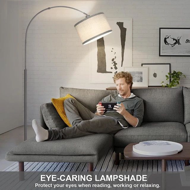 Alt view image 5 of 6 - Modern Floor Lamp, Arc Standing Lamp with Gray Lampshade and Pedal Switch Tall Pole Lamp with Adjustable Lamp Head, Over Couch Reading Light for Living Room, Bedroom, Office, Study Room