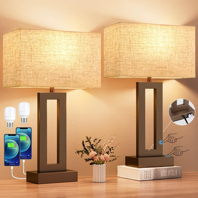 Alt view image 2 of 7 - Bedroom Lamps for Night Stands - Touch Control, 3 Way Dimmable, USB C+A Charging, LED Bulbs, Easy Assembly(Yellow&Coffee)