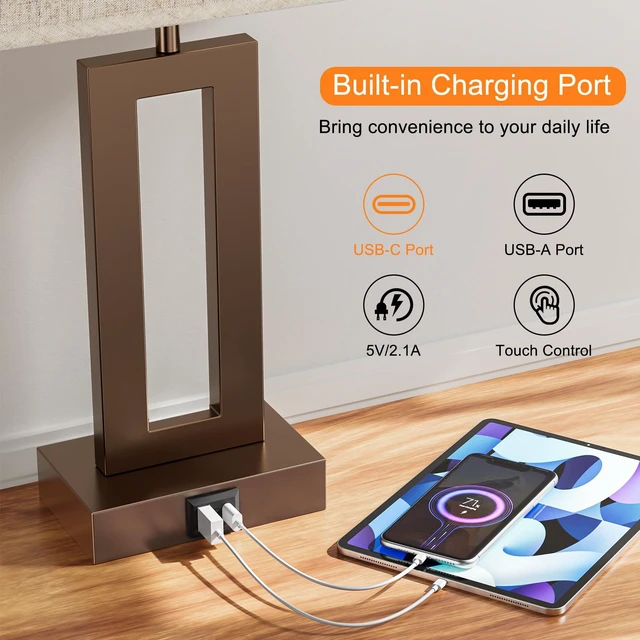 Alt view image 4 of 7 - Bedroom Lamps for Night Stands - Touch Control, 3 Way Dimmable, USB C+A Charging, LED Bulbs, Easy Assembly(Yellow&Coffee)