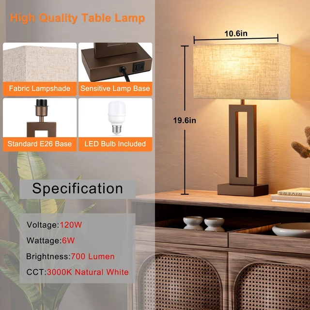 Alt view image 5 of 7 - Bedroom Lamps for Night Stands - Touch Control, 3 Way Dimmable, USB C+A Charging, LED Bulbs, Easy Assembly(Yellow&Coffee)