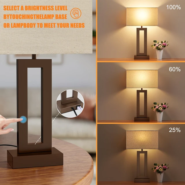 Alt view image 2 of 7 - Bedroom Lamps for Night Stands - Touch Control, 3 Way Dimmable, USB C+A Charging, LED Bulbs, Easy Assembly(Yellow&Brown)