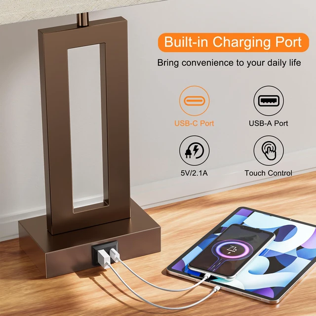 Alt view image 3 of 7 - Bedroom Lamps for Night Stands - Touch Control, 3 Way Dimmable, USB C+A Charging, LED Bulbs, Easy Assembly(Yellow&Brown)